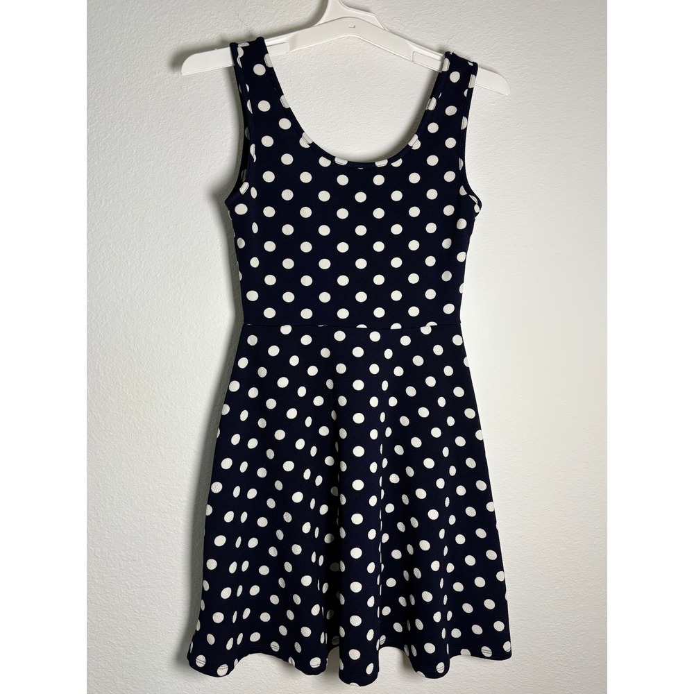 Love J‎ Navy Blue White Polka Dot Skater Dress Sleeveless Fit Flare Medium